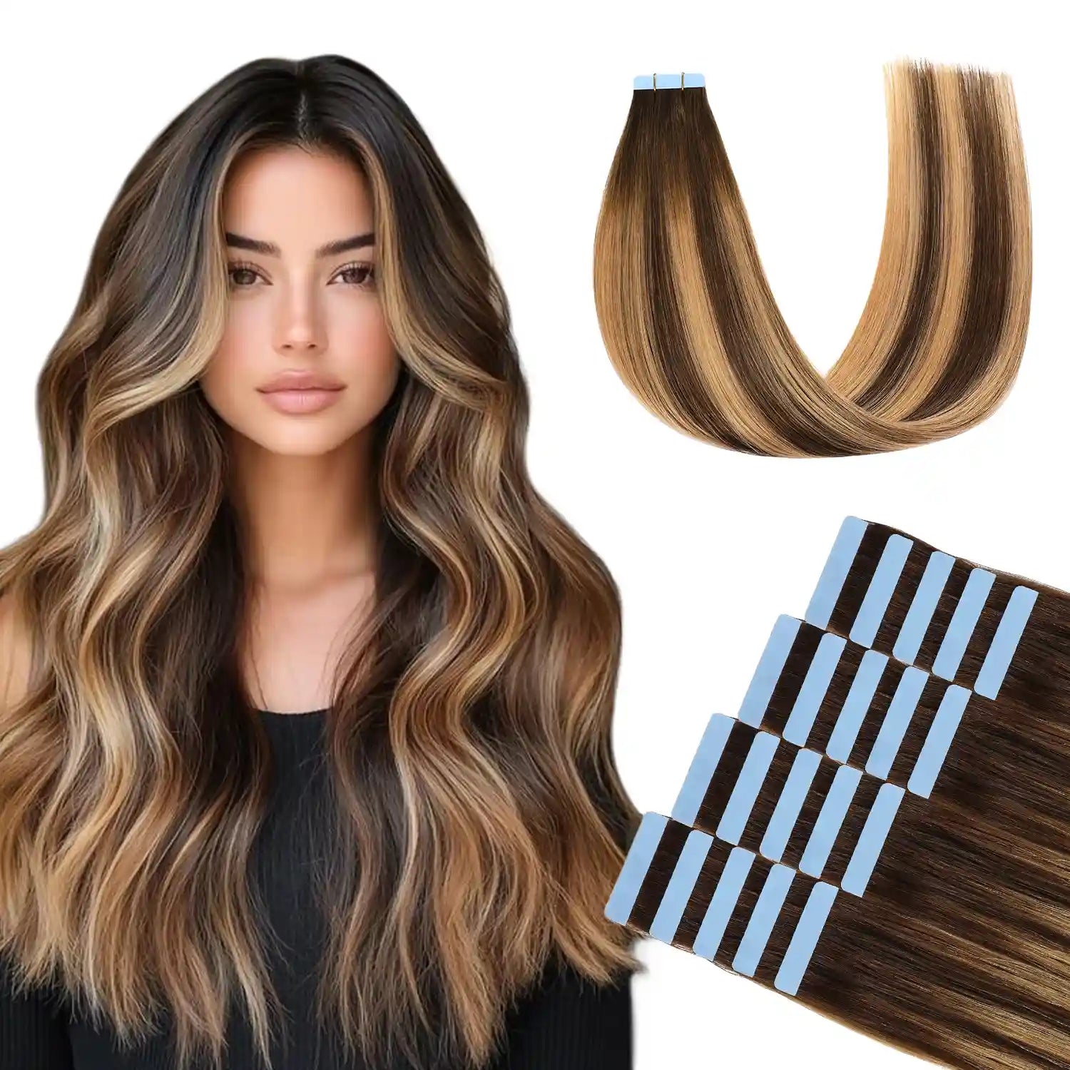 Suyya Hair  Chocolate Brown / Caramel Blonde Balayage (#P4/27/T4) Tape-In Hair Extensions | 20Pcs