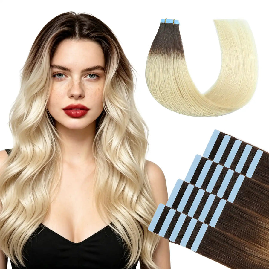 Suyya Hair Darkest Brown / Platinum Blonde Ombre (#T2/60) Tape-In Hair Extensions | 20Pcs