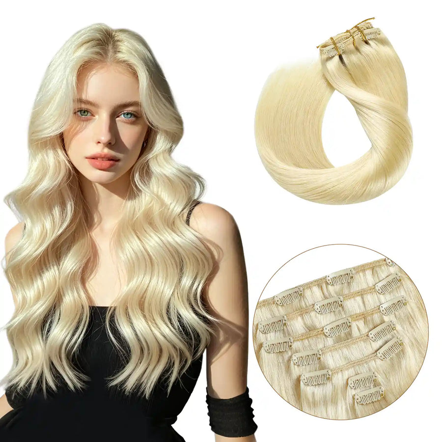 Suyya Hair  Remy Human Hair Platinum Blonde (#60) Clip In Hair Extensions