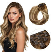 Suyya Human Clip In (#P6/613/T4) Chocolate Brown / Bleach Blonde / Chestnut Brown Balayage Hair Extensions