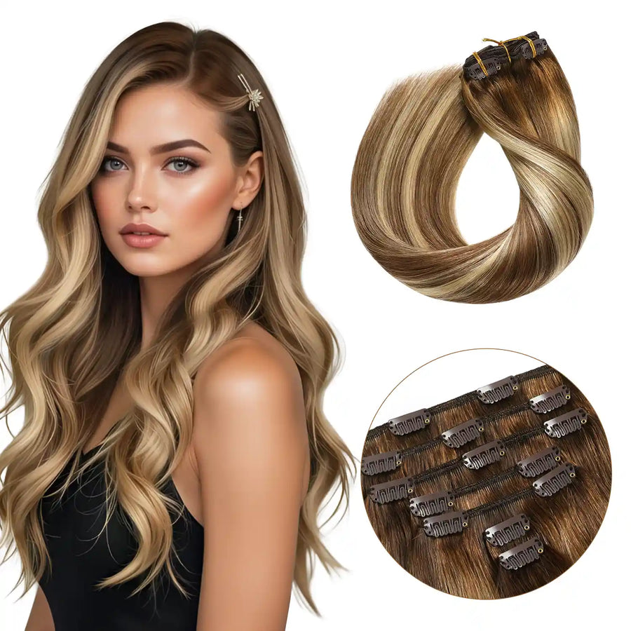 Suyya Human Clip In (#P6/613/T4) Chocolate Brown / Bleach Blonde / Chestnut Brown Balayage Hair Extensions