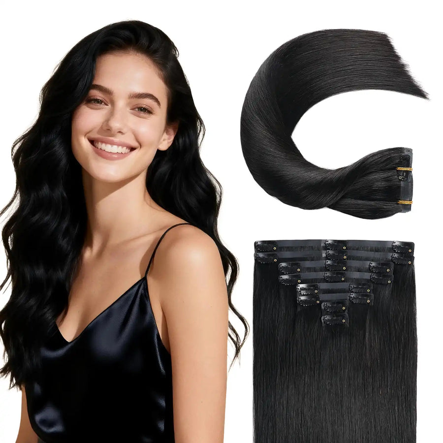 Suyya Human Hair Seamless Clip In Hair Extensions 8Pcs Jet Black (#1)