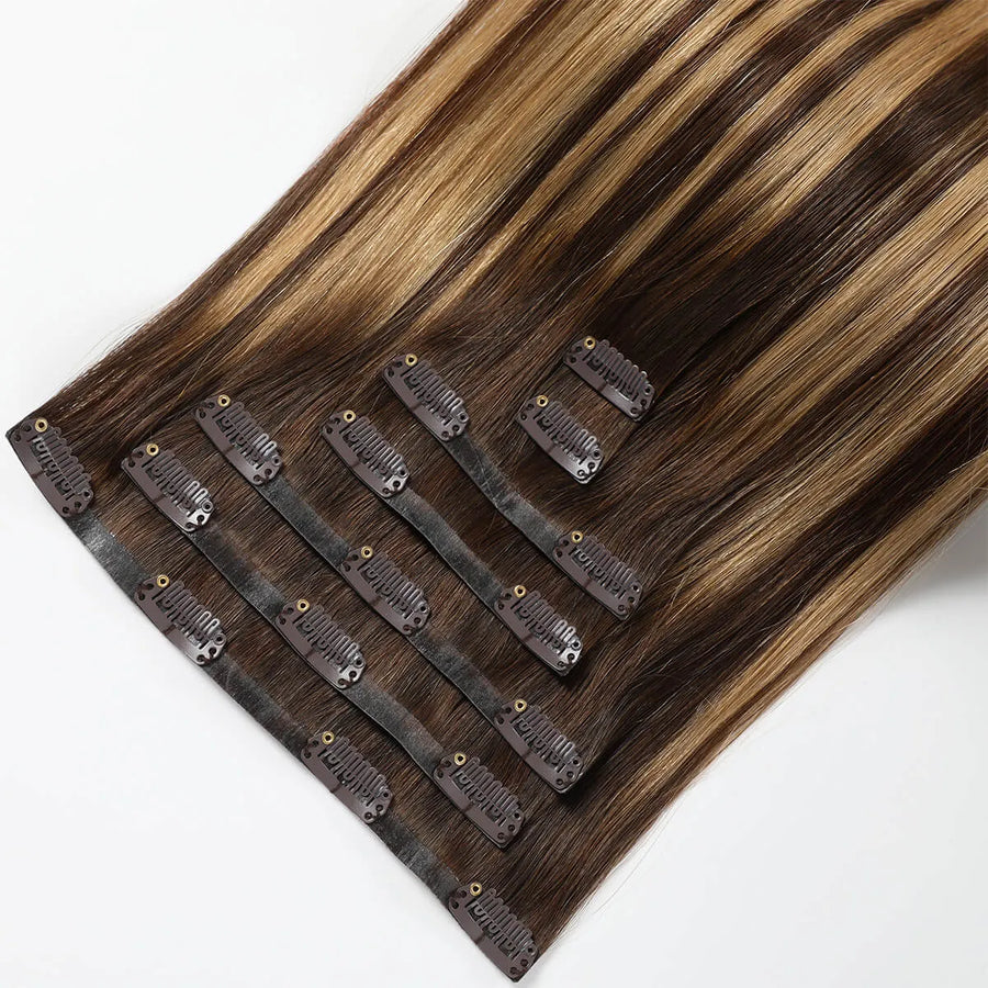 Suyya Human Seamless Clip In 8Pcs Virgin  Hair Extensions Chocolate Brown / Caramel Blonde Balayage (#P4/27/T4)