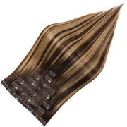 Suyya Human Seamless Clip In 8Pcs Virgin  Hair Extensions Chocolate Brown / Caramel Blonde Balayage (#P4/27/T4)