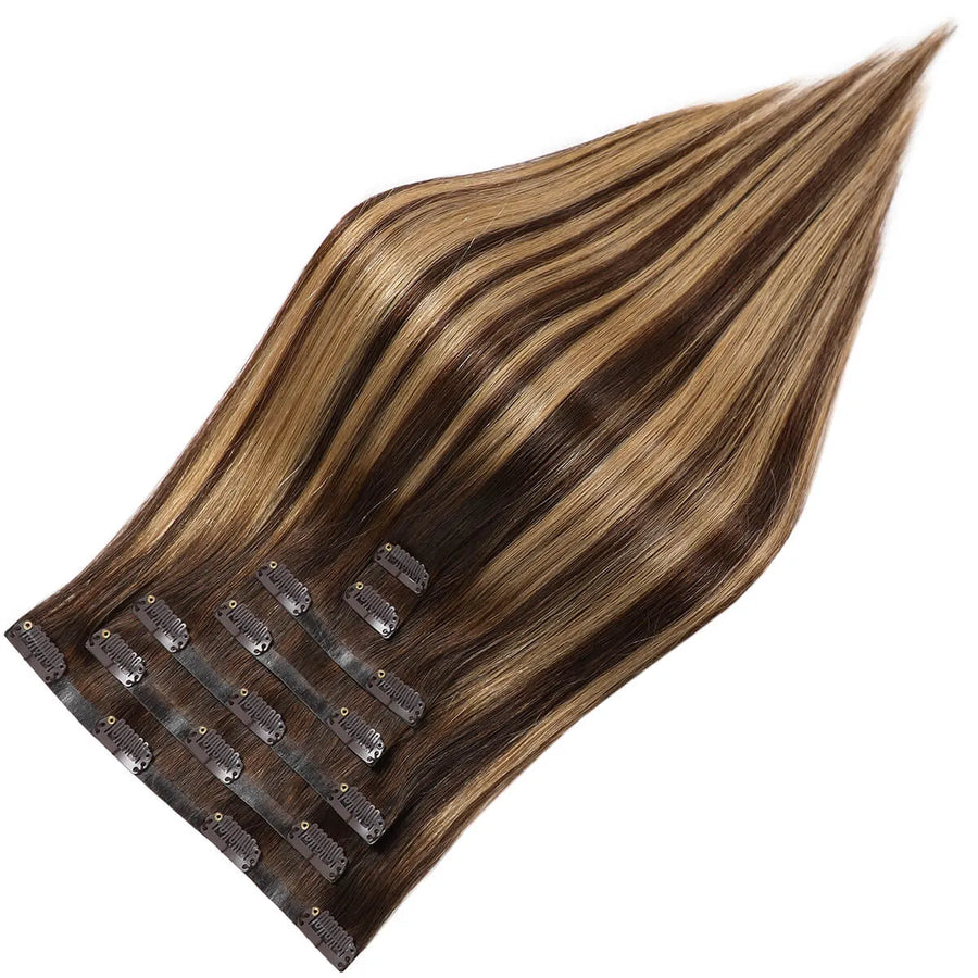 Suyya Human Seamless Clip In 8Pcs Virgin  Hair Extensions Chocolate Brown / Caramel Blonde Balayage (#P4/27/T4)