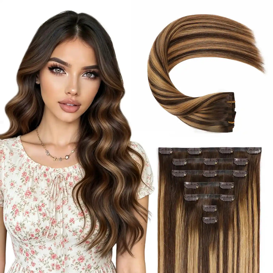 Suyya Human Seamless Clip In 8Pcs Virgin  Hair Extensions Chocolate Brown / Caramel Blonde Balayage (#P4/27/T4)