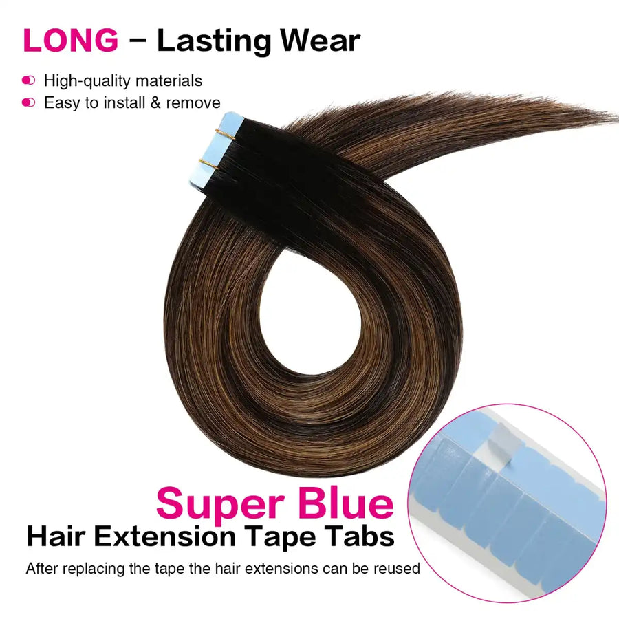 SUYYA Invisible Tape in Hair Extensions (#P1B/6/T1B) Natural Black / Chestnut Brown Balayage