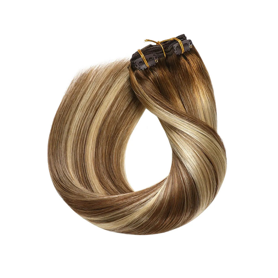 Suyya Human Clip In (#P6/613/T4) Chocolate Brown / Bleach Blonde / Chestnut Brown Balayage Hair Extensions